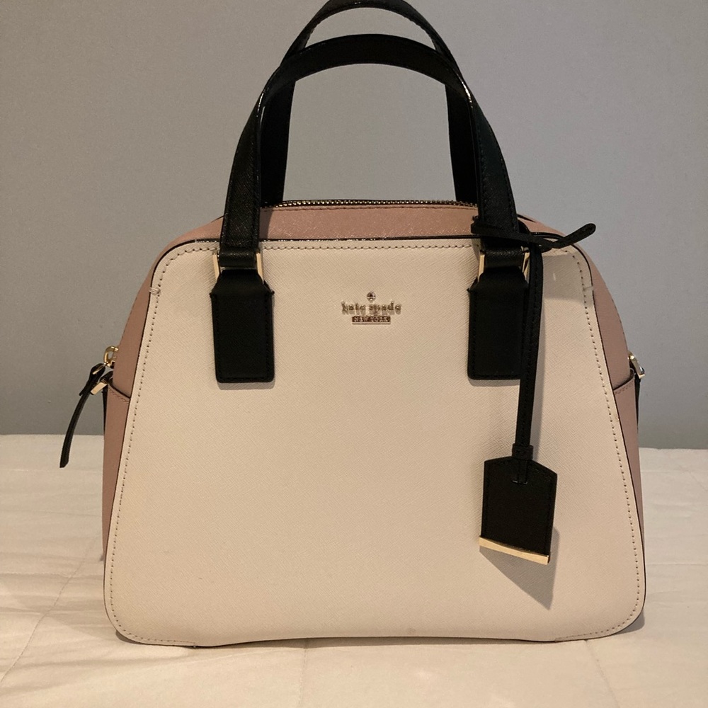 Kate Spade medium satchel in cream and pale pink with cross body strap.